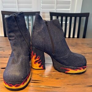 Women's Denim Platform Ankle Boots with Flame Accent